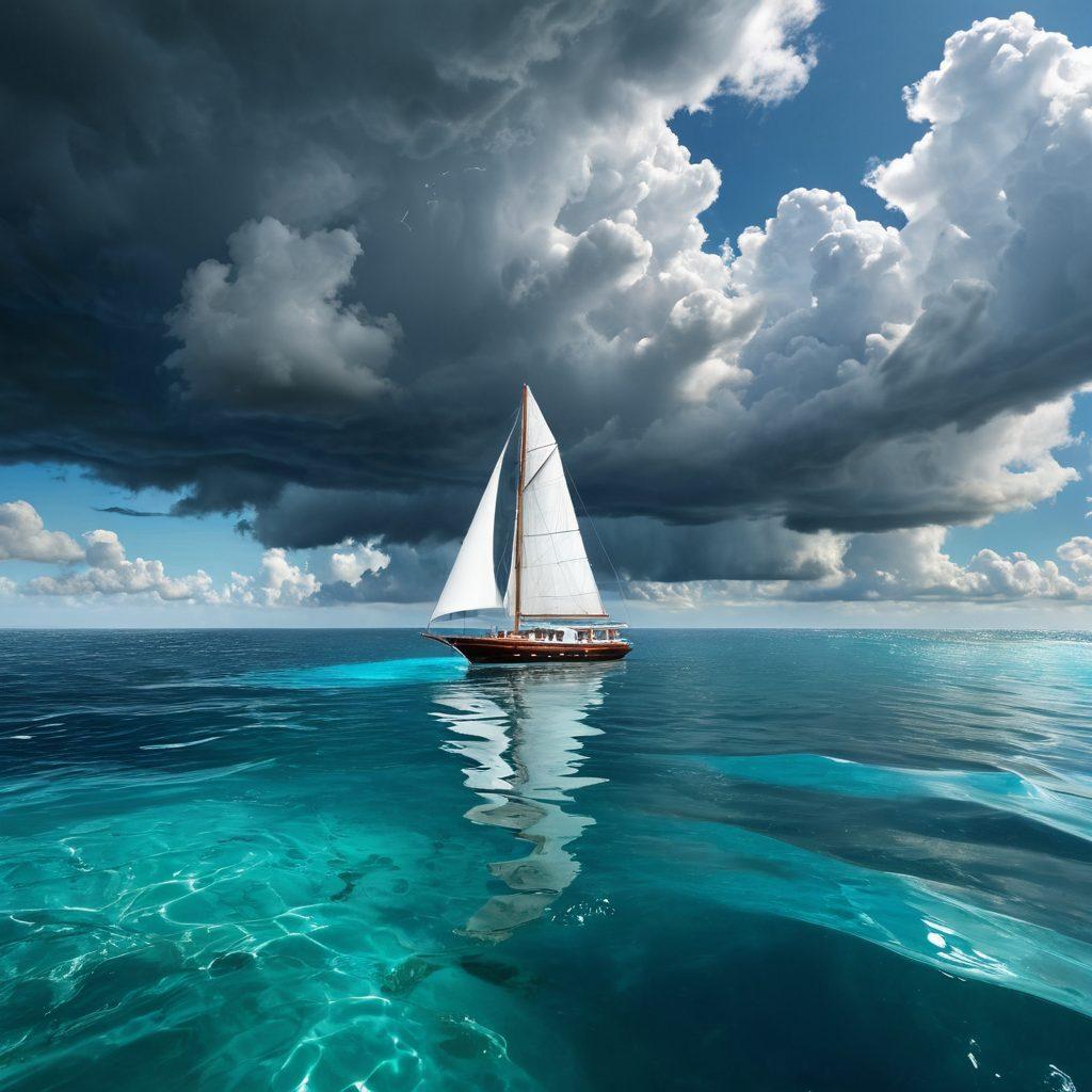 A serene seascape featuring a luxurious yacht navigating crystal-clear waters, with storm clouds brewing in the distance, symbolizing potential risks. Include a diverse group of happy sailors enjoying their journey while an insurance document floats on a gently waving surface, emphasizing liability and coverage. A faint lighthouse can be seen, representing safety and guidance. super-realistic. vibrant colors. 3D.