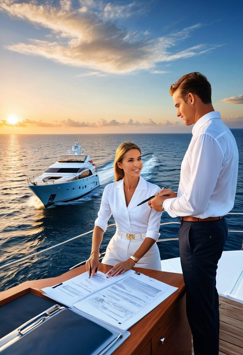 A serene seascape featuring a luxurious yacht sailing smoothly on crystal-clear waters under a bright blue sky. In the foreground, a knowledgeable insurance broker holds a clipboard filled with maritime coverage details while discussing with a couple dressed in nautical attire. The background showcases distant islands and a dramatic sunset, symbolizing the adventure and freedom of the open sea. super-realistic. vibrant colors. 3D.