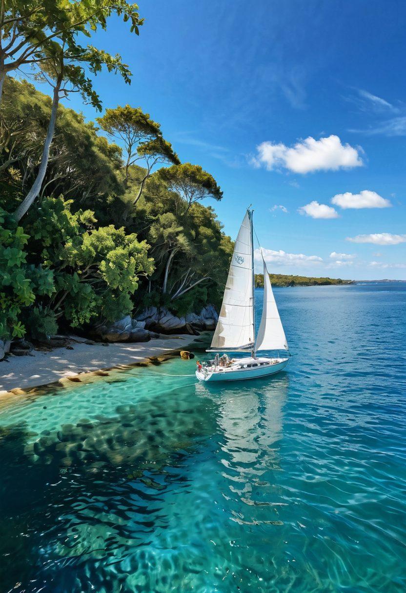 A serene scene depicting a sailboat gliding over calm turquoise waters under a bright blue sky, surrounded by lush coastal greenery. The sailboat should be adorned with colorful flags, and insurance papers subtly visible on the deck. Include a distant horizon with another sailboat enjoying the trip. The image evokes a sense of adventure and tranquility. super-realistic. vibrant colors.